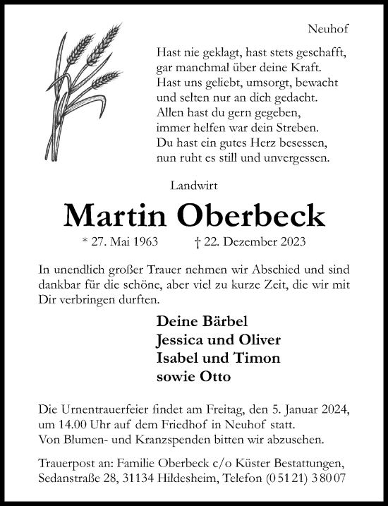 Traueranzeige von Martin Oberbeck von Hildesheimer Allgemeine Zeitung