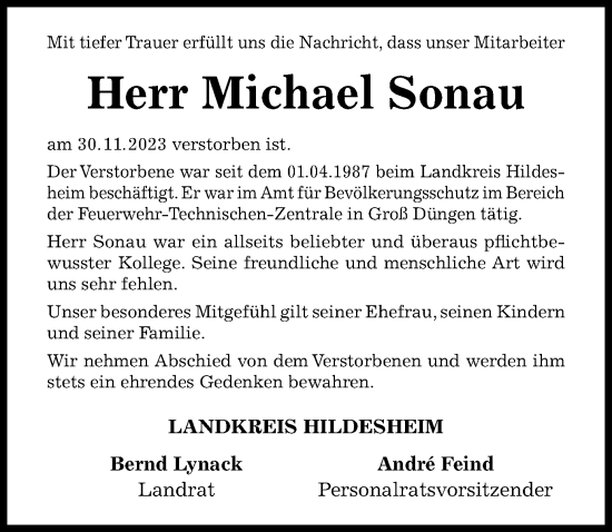 Traueranzeige von Michael Sonau von Hildesheimer Allgemeine Zeitung