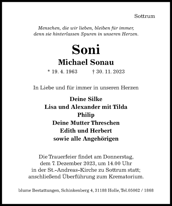 Traueranzeige von Michael Sonau von Hildesheimer Allgemeine Zeitung