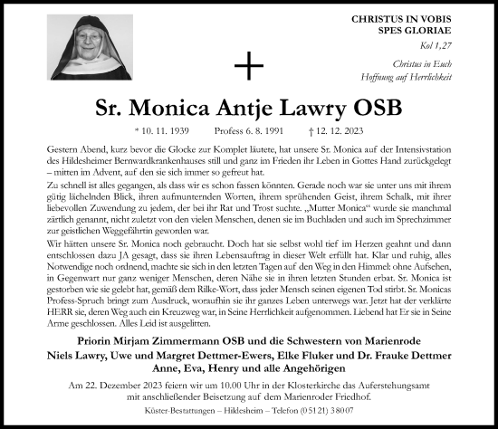 Traueranzeige von Monica Antje Lawry von Hildesheimer Allgemeine Zeitung