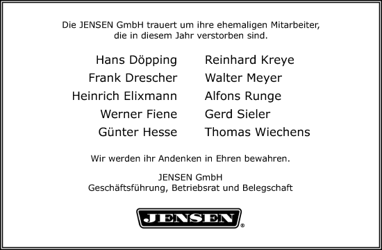 Traueranzeige von Nachruf JENSEN GmbH von Hildesheimer Allgemeine Zeitung