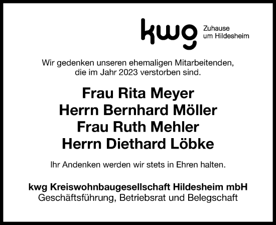 Traueranzeige von Nachruf kwg Kreiswohnbaugesellschaft Hildesheim mbH von Hildesheimer Allgemeine Zeitung