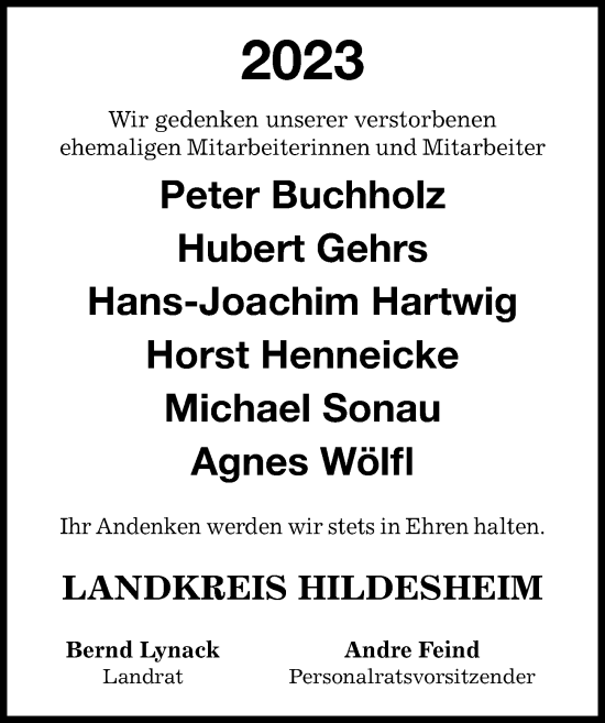 Traueranzeige von Nachruf Landkreis Hildesheim von Hildesheimer Allgemeine Zeitung