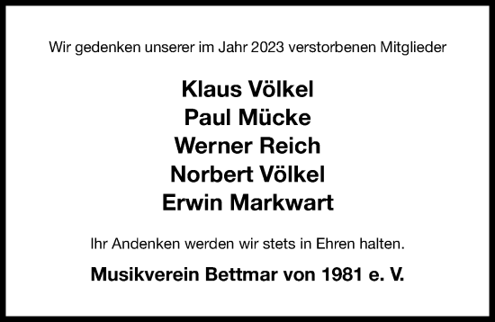 Traueranzeige von Nachruf Musikverein Bettmar von 1981 e. V. von Hildesheimer Allgemeine Zeitung