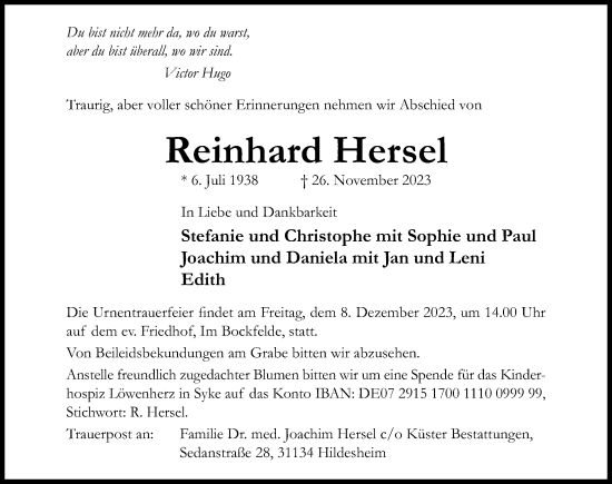 Traueranzeige von Reinhard Hersel von Hildesheimer Allgemeine Zeitung