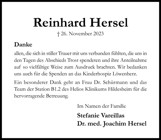 Traueranzeige von Reinhard Hersel von Hildesheimer Allgemeine Zeitung