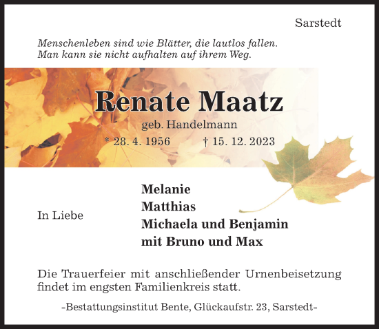 Traueranzeige von Renate Maatz von Hildesheimer Allgemeine Zeitung