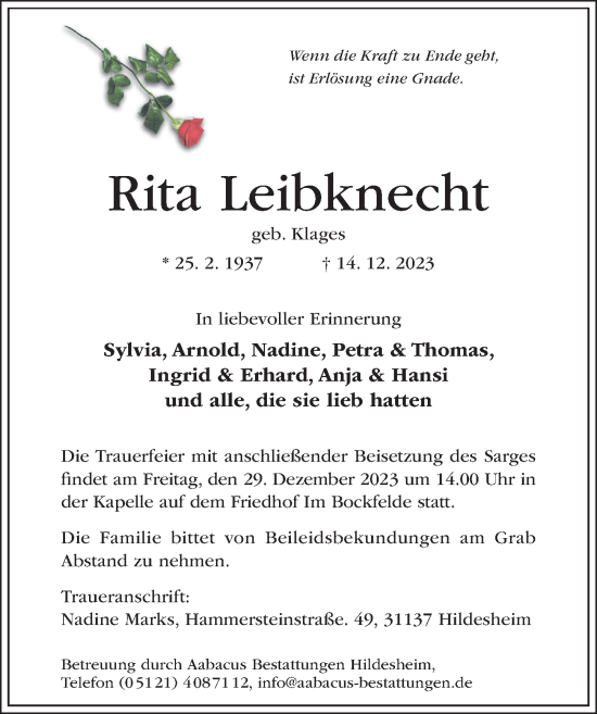 Traueranzeige von Rita Leibknecht von Hildesheimer Allgemeine Zeitung