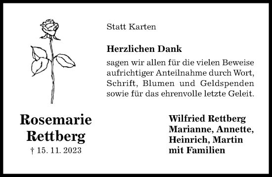 Traueranzeige von Rosemarie Rettberg von Hildesheimer Allgemeine Zeitung