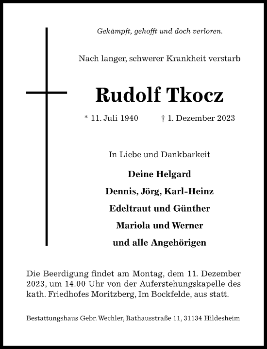 Traueranzeige von Rudolf Tkocz von Hildesheimer Allgemeine Zeitung