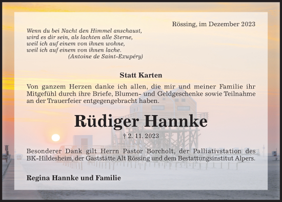 Traueranzeige von Rüdiger Hannke von Hildesheimer Allgemeine Zeitung