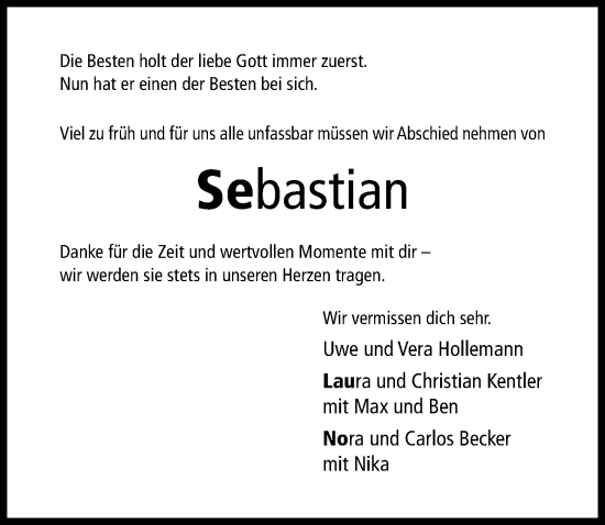 Traueranzeige von Sebastian  von Hildesheimer Allgemeine Zeitung