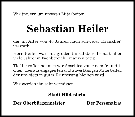 Traueranzeige von Sebastian Heiler von Hildesheimer Allgemeine Zeitung