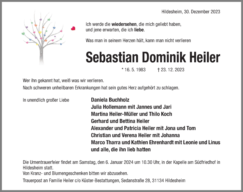  Traueranzeige für Sebastian Dominik Heiler vom 30.12.2023 aus Hildesheimer Allgemeine Zeitung