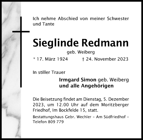 Traueranzeige von Sieglinde Redmann von Hildesheimer Allgemeine Zeitung