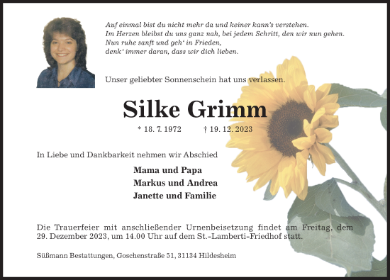 Traueranzeige von Silke Grimm von Hildesheimer Allgemeine Zeitung