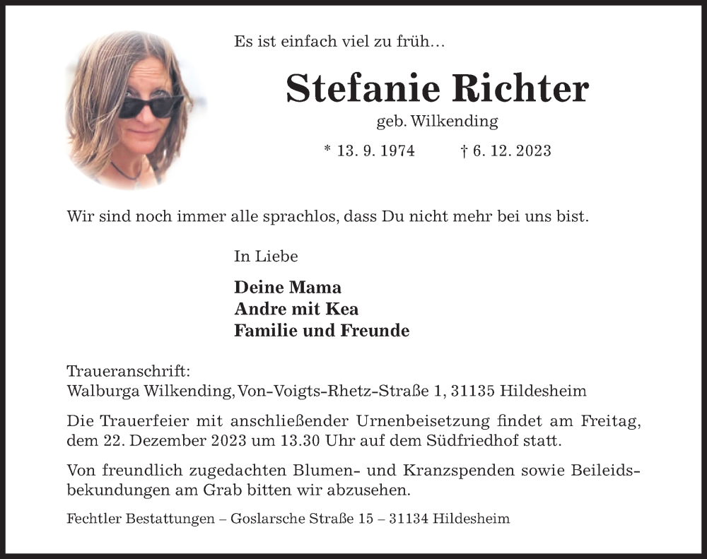  Traueranzeige für Stefanie Richter vom 13.12.2023 aus Hildesheimer Allgemeine Zeitung