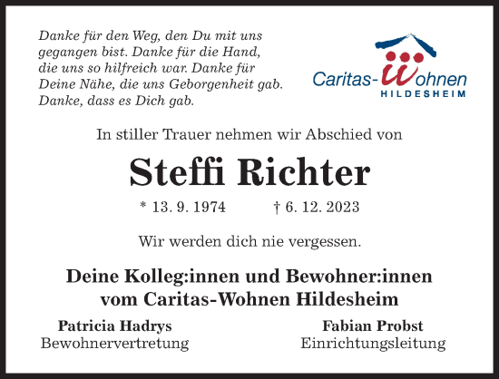 Traueranzeige von Steffi Richter von Hildesheimer Allgemeine Zeitung