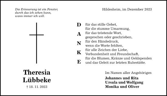 Traueranzeige von Theresia Lübbeke von Hildesheimer Allgemeine Zeitung