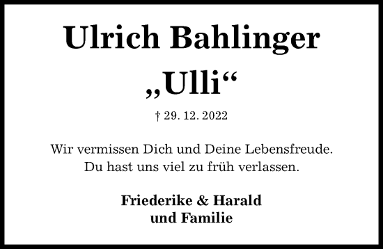 Traueranzeige von Ulrich Bahlinger von Hildesheimer Allgemeine Zeitung