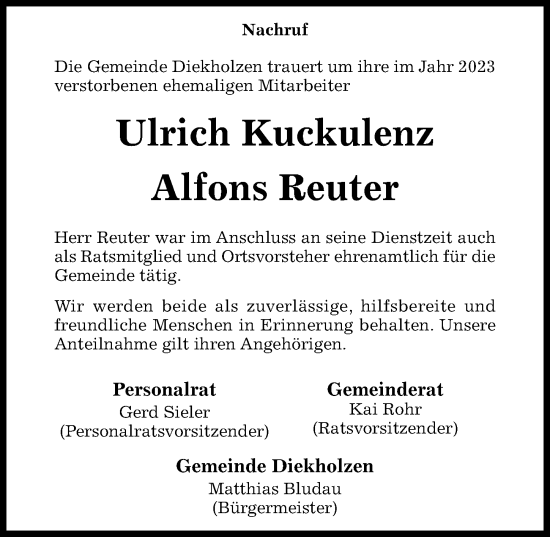 Traueranzeige von Ulrich Kuckulenz von Hildesheimer Allgemeine Zeitung