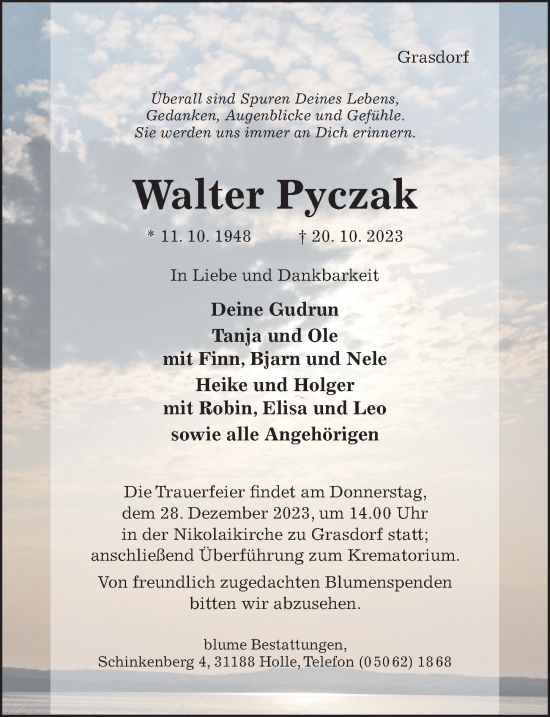 Traueranzeige von Walter Pyczak von Hildesheimer Allgemeine Zeitung