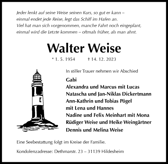 Traueranzeige von Walter Weise von Hildesheimer Allgemeine Zeitung