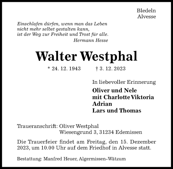 Traueranzeige von Walter Westphal von Hildesheimer Allgemeine Zeitung