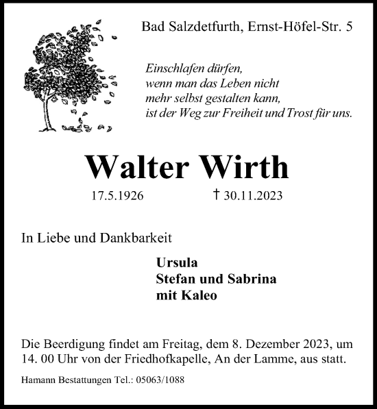 Traueranzeige von Walter Wirth von Hildesheimer Allgemeine Zeitung