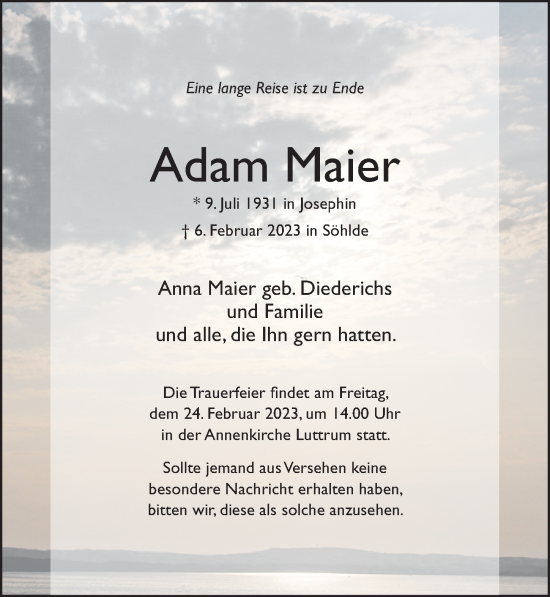 Traueranzeige von Adam Maier von Hildesheimer Allgemeine Zeitung