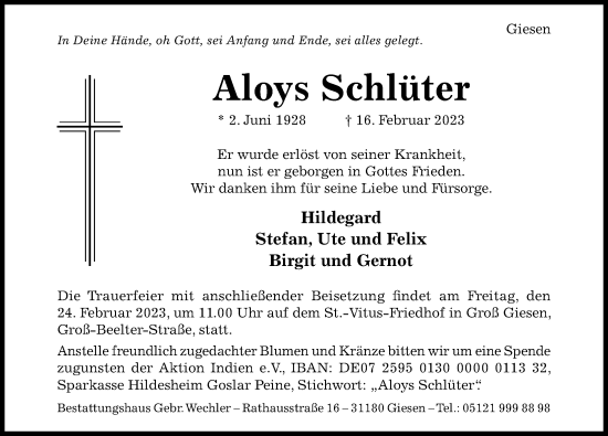 Traueranzeige von Aloys Schlüter von Hildesheimer Allgemeine Zeitung