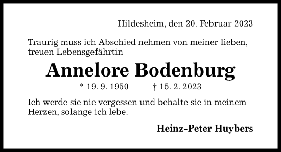 Traueranzeige von Annelore Bodenburg von Hildesheimer Allgemeine Zeitung