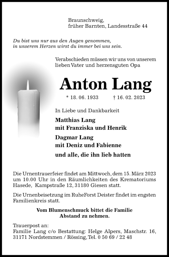 Traueranzeige von Anton Lang von Hildesheimer Allgemeine Zeitung