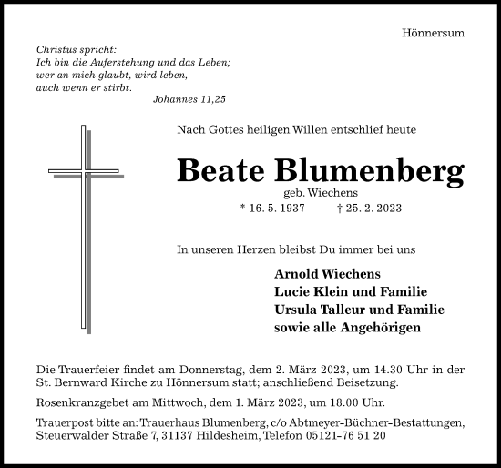 Traueranzeige von Beate Blumenberg von Hildesheimer Allgemeine Zeitung