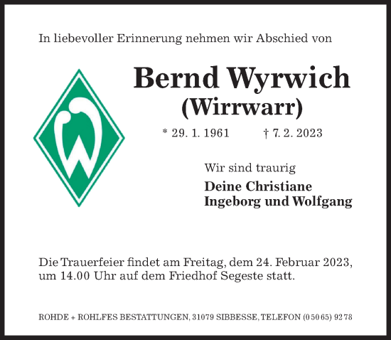 Traueranzeige von Bernd Wyrwich von Hildesheimer Allgemeine Zeitung