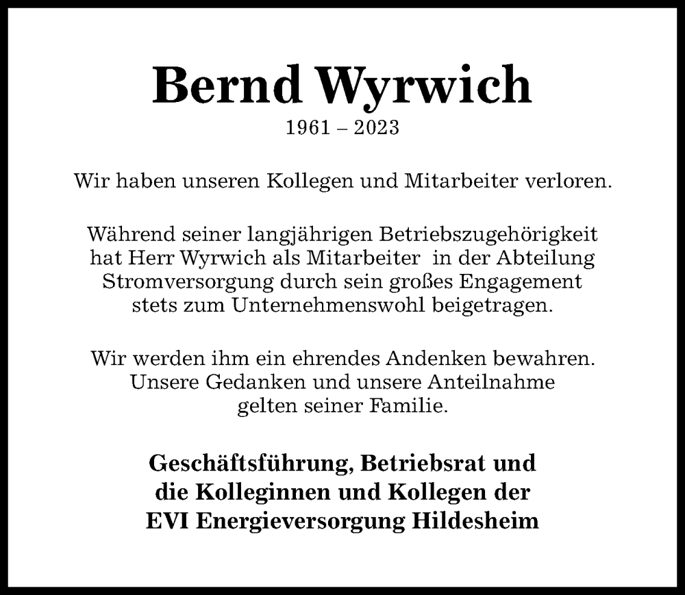  Traueranzeige für Bernd Wyrwich vom 18.02.2023 aus Hildesheimer Allgemeine Zeitung