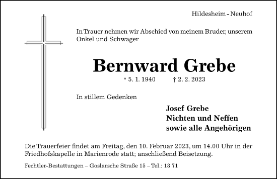 Traueranzeige von Bernward Grebe von Hildesheimer Allgemeine Zeitung