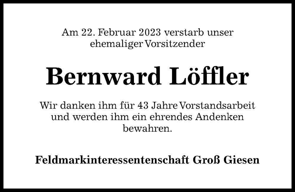  Traueranzeige für Bernward Löffler vom 25.02.2023 aus Hildesheimer Allgemeine Zeitung