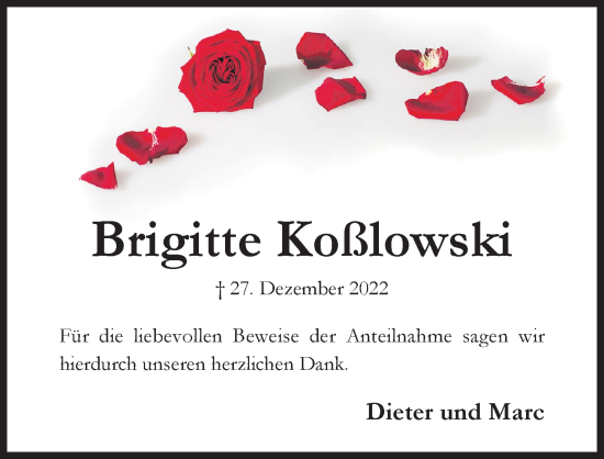 Traueranzeige von Brigitte Koßlowski von Hildesheimer Allgemeine Zeitung