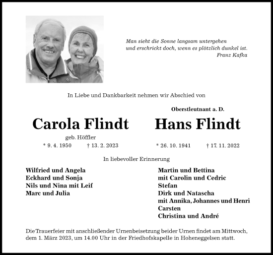 Traueranzeige von Carola Flindt von Hildesheimer Allgemeine Zeitung