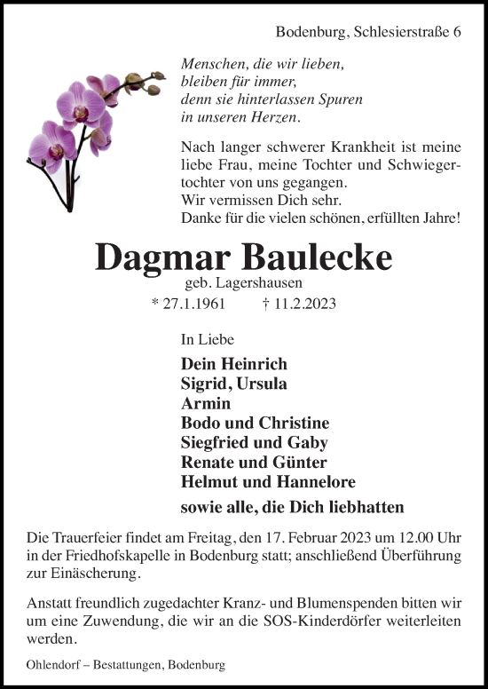 Traueranzeige von Dagmar Baulecke von Hildesheimer Allgemeine Zeitung