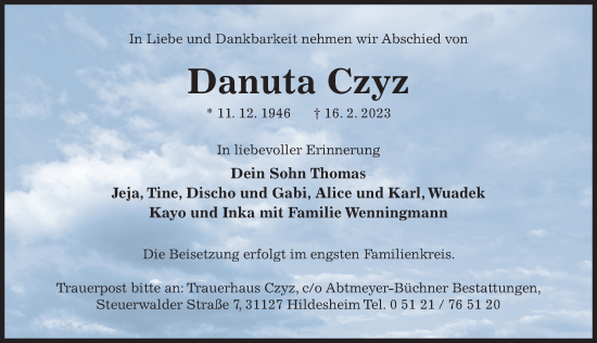 Traueranzeige von Danuta Czyz von Hildesheimer Allgemeine Zeitung