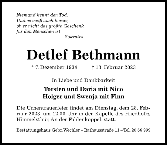 Traueranzeige von Detlef Bethmann von Hildesheimer Allgemeine Zeitung