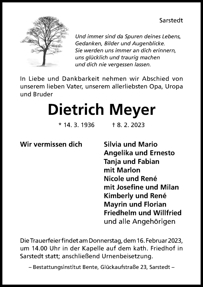  Traueranzeige für Dietrich Meyer vom 11.02.2023 aus Hildesheimer Allgemeine Zeitung