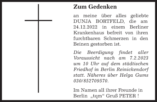 Traueranzeige von Dunja Bortfeld von Hildesheimer Allgemeine Zeitung