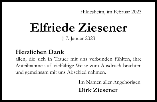 Traueranzeige von Elfriede Ziesener von Hildesheimer Allgemeine Zeitung