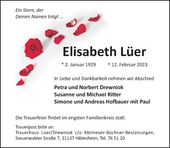 Traueranzeige von Elisabeth Lüer von Hildesheimer Allgemeine Zeitung