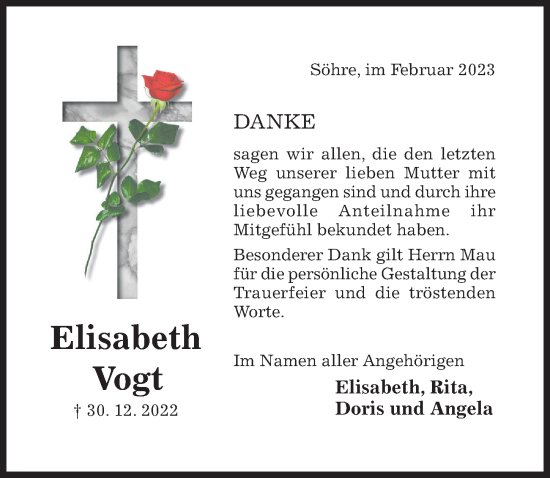 Traueranzeige von Elisabeth Vogt von Hildesheimer Allgemeine Zeitung