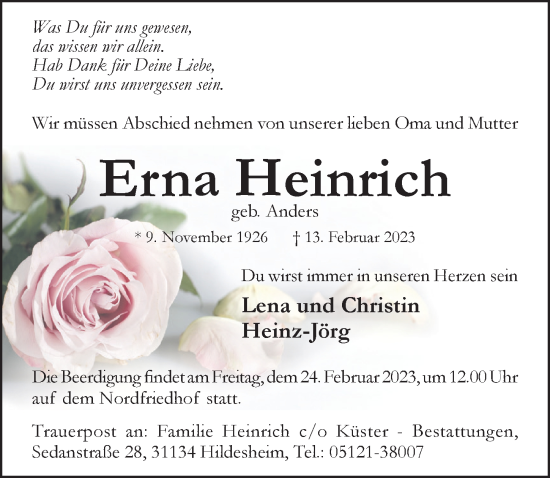 Traueranzeige von Erna Heinrich von Hildesheimer Allgemeine Zeitung