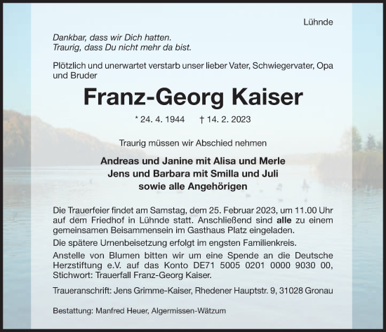 Traueranzeige von Franz-Georg Kaiser von Hildesheimer Allgemeine Zeitung